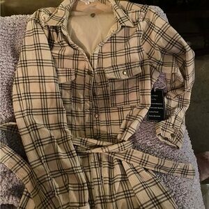 Plaid Button-Front Shirt Dress in Beige and Black